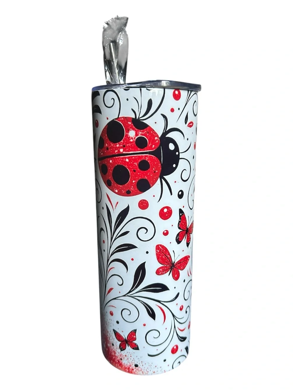 Ladybug Pattern Stainless Steel Tumbler with Straw & a Vintage Ladybug pouch,